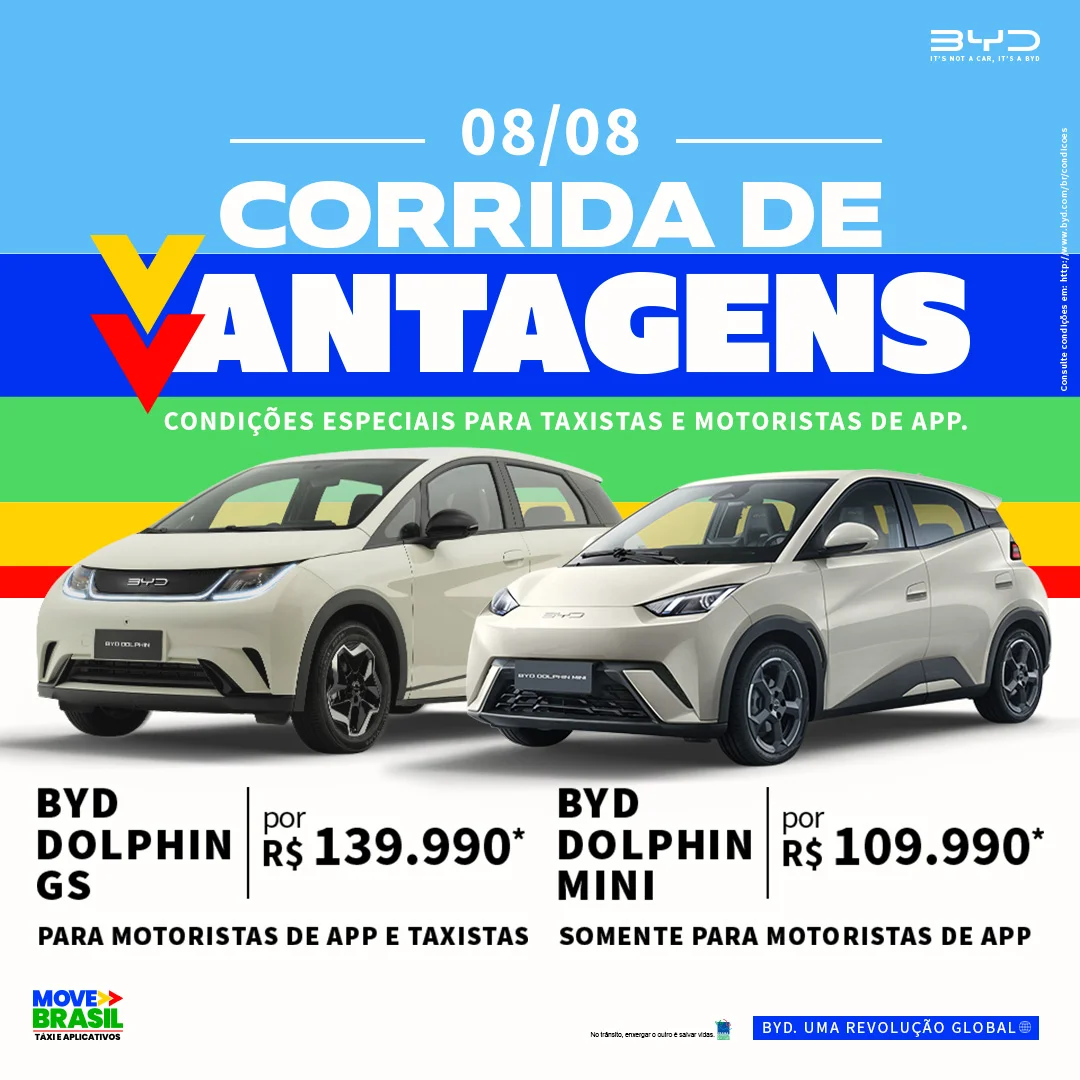 Arte da campanha Corrida de Vantagens da BYD com os preços do Dolphin GS por R$ 139.990 e do Dolphin Mini por R$ 109.990 no Move Day de 8 de agosto